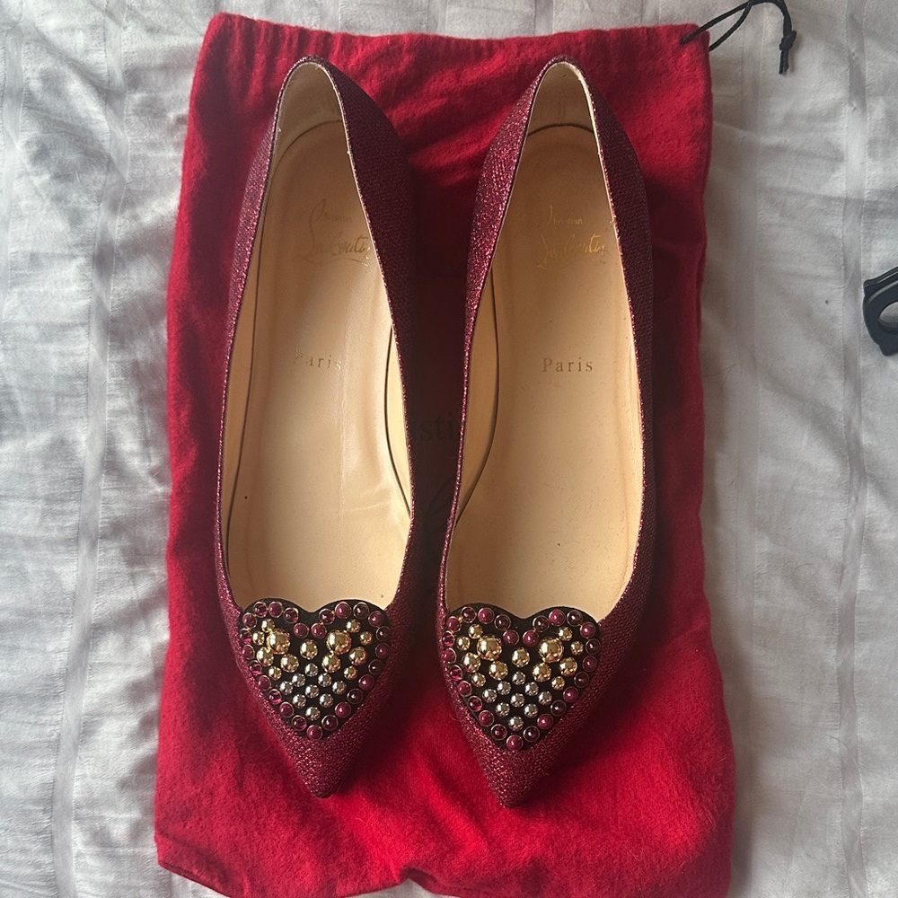Christian Louboutin Glitter Magenta Flats w/ Jewel Studded Heart Detail, Sz 39.5